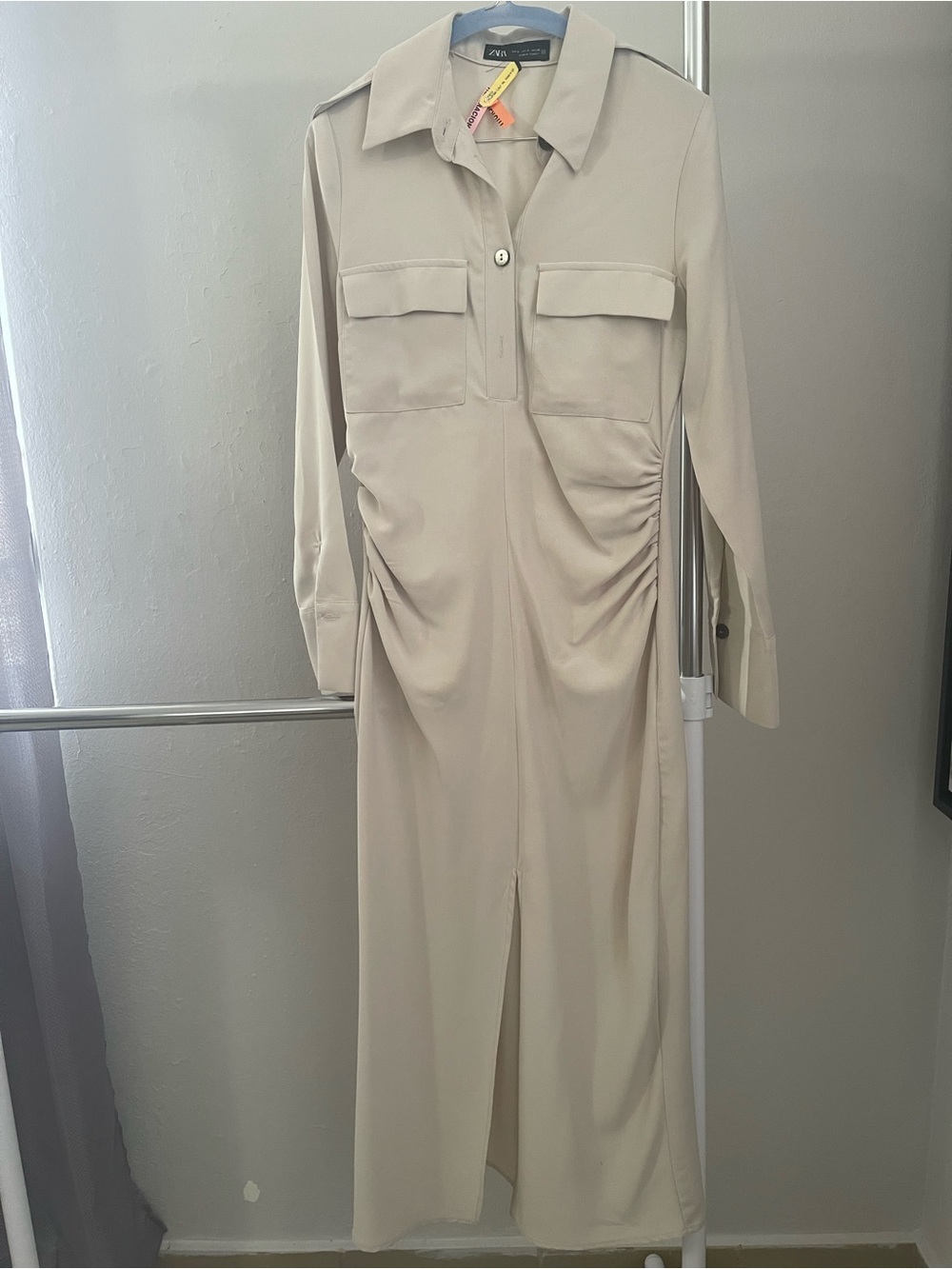Zara Cream Long-Sleeve Shirt Dress with Front Slit